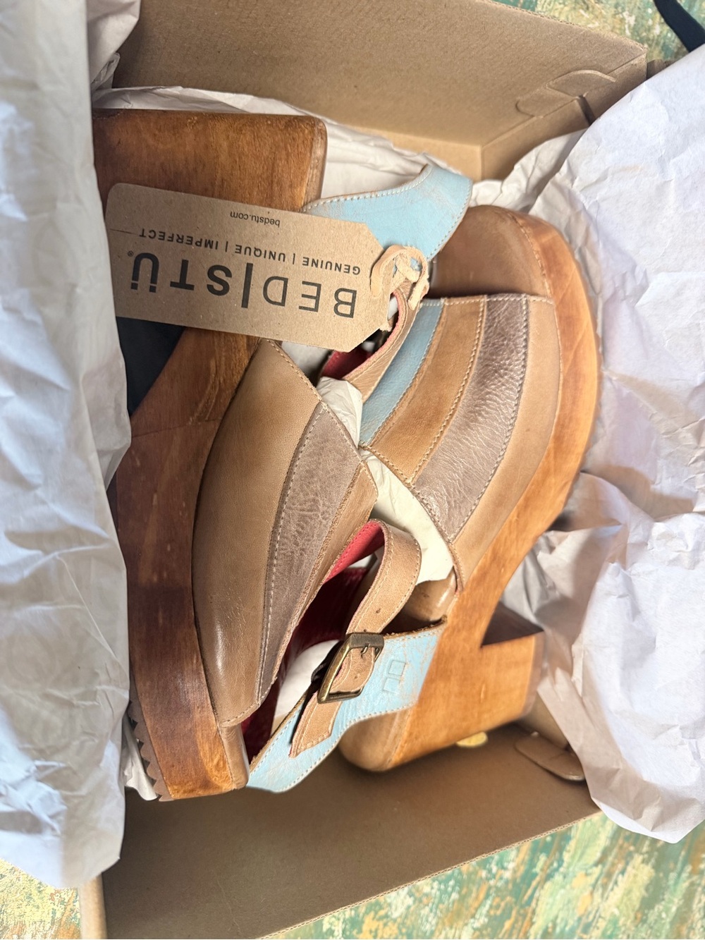 Bed Stu - brand new - Tan and Light Blue Leather Platform Clogs